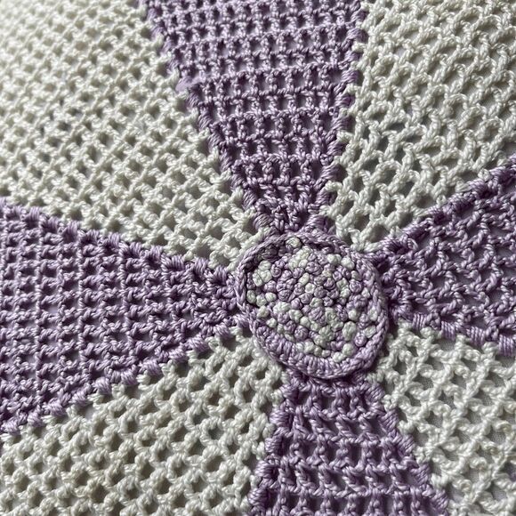 VTG Hand-Crocheted Round Pillow | Lavender & White Pinwheel Pattern | Refreshed - Picture 8 of 9
